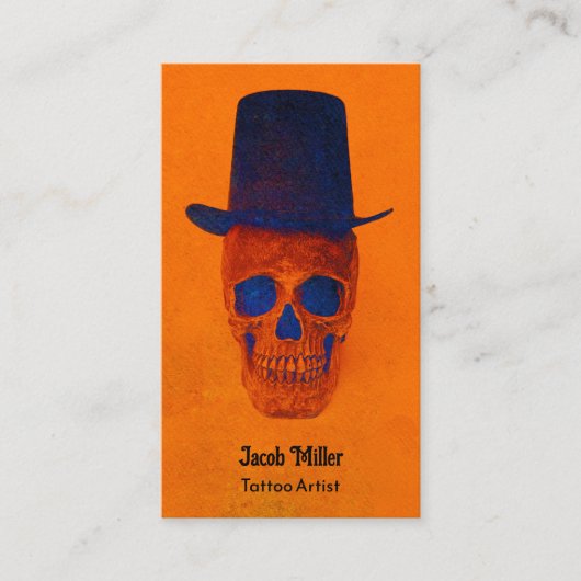スカルとトップハット焼けオレンジ色の青いタトゥーアーティスト 名刺 (正面)