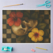 スカルとハイビスカスオンチェッカーボードデコページ紙 薄葉紙 (クラフト)