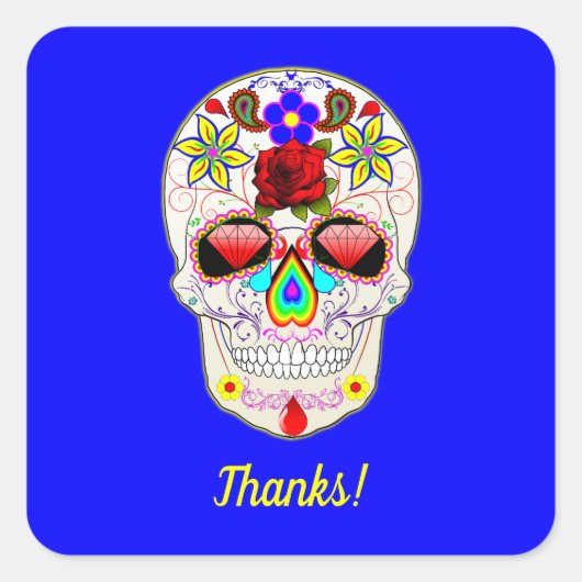 スカルとバラとライリオンブルー スクエアシール (正面)