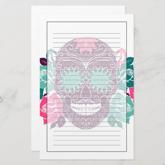 スカルとバラカラフル、カードの日付3 便箋 (正面/裏面)