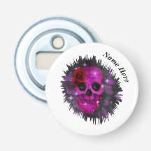 スカルとバラゴシックのホワイトバッジボトルオープナー