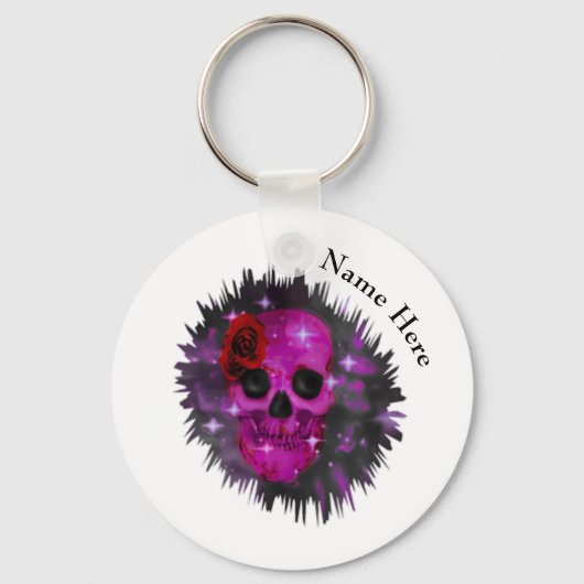 スカルとバラゴシックのホワイトボタンキーリング キーホルダー (正面)