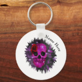 スカルとバラゴシックのホワイトボタンキーリング キーホルダー (正面)