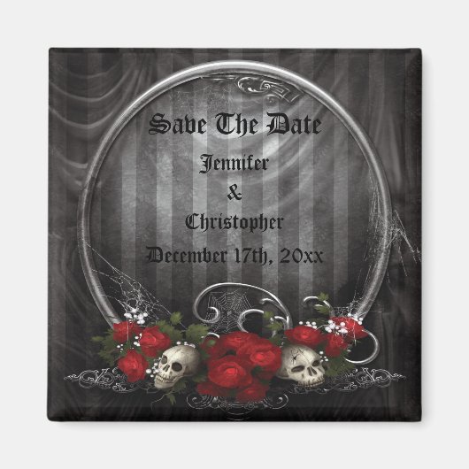 スカルとバラゴシック日付の磁結婚石を保存 マグネット (正面)
