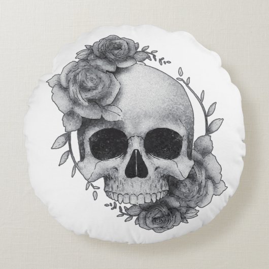 スカルとバラスケッチ ラウンドクッション (正面)