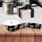 スカルとバラパターン結婚ブラック サテンリボン