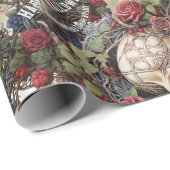 スカルとバラブルーフローラゴシックのハロウィーン ラッピングペーパー (ロールコーナー)