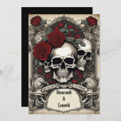 スカルとバラ格子伝統的ゴシック結婚ズ 招待状 (正面/裏面)