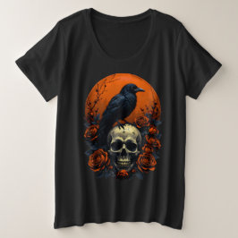 スカルとバラ&クロウゴシックTシャツ プラスサイズTシャツ