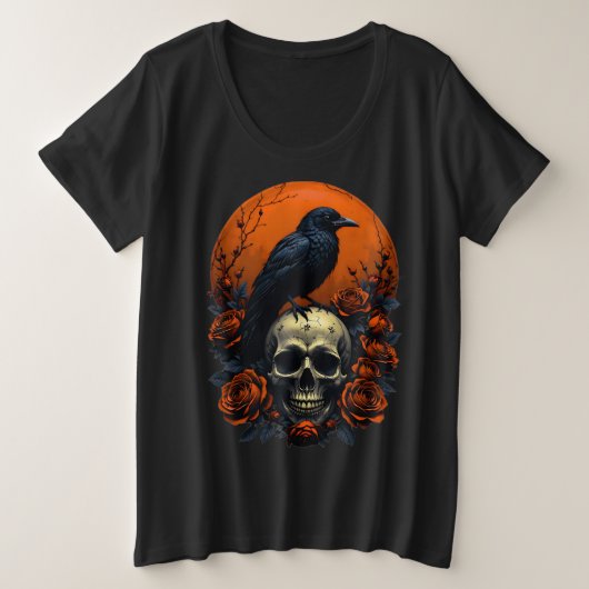 スカルとバラ&クロウゴシックTシャツ プラスサイズTシャツ (デザイン正面)