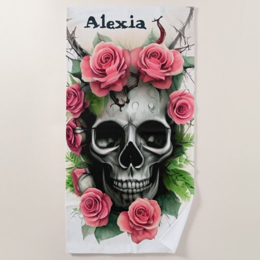 スカルとバラ ビーチタオル (正面)