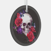 スカルとバラ:暗いフローラ水の色。 ガラスオーナメント (正面右)