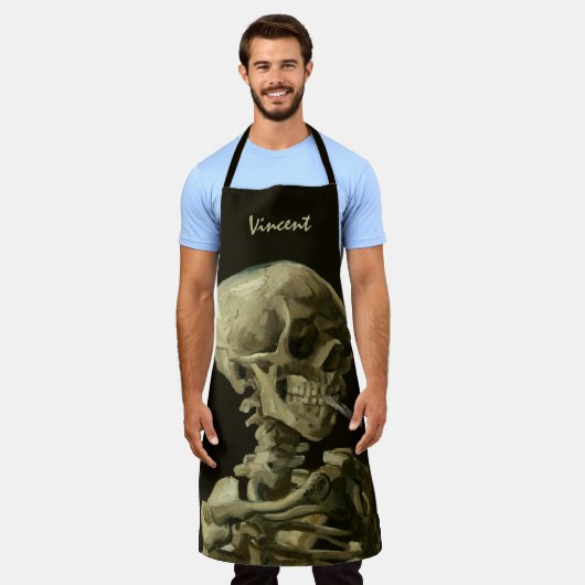 スカルとバーニングシガレットby Vincent van ゴッホ エプロン (着用した状態)