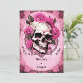 スカルとピンクのバラ伝統的ゴシッ結婚クス 招待状 (スタンド正面)