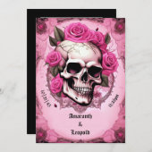 スカルとピンクのバラ伝統的ゴシッ結婚クス 招待状 (正面/裏面)