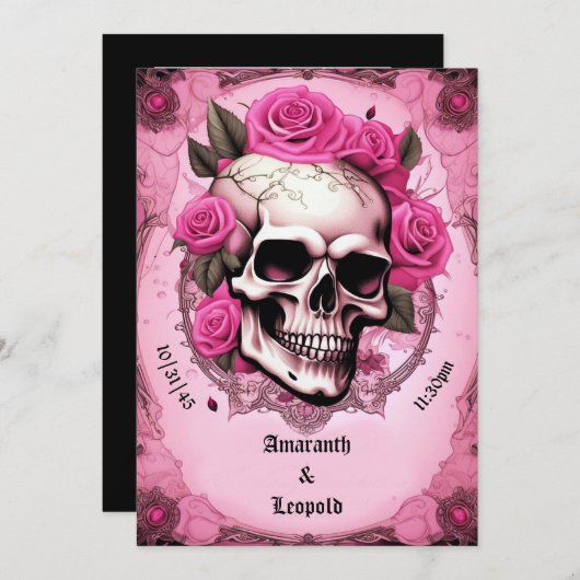スカルとピンクのバラ伝統的ゴシッ結婚クス 招待状 (正面/裏面)