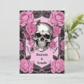 スカルとピンクのバラ伝統的ズゴシッ結婚クス 招待状 (スタンド正面)