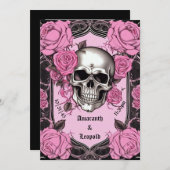 スカルとピンクのバラ伝統的ズゴシッ結婚クス 招待状 (正面/裏面)
