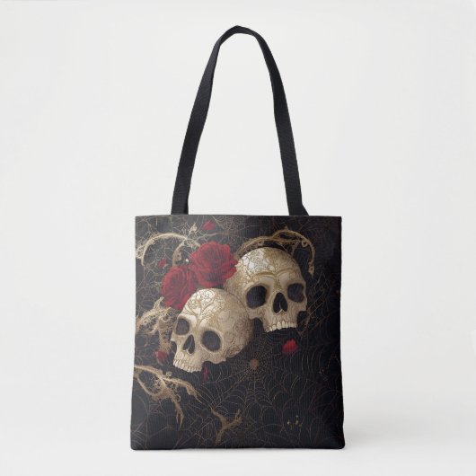 スカルとレッドローズスタイルデザイン トートバッグ (正面)