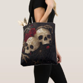 スカルとレッドローズスタイルデザイン トートバッグ (クローズアップ)