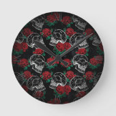 スカルとレッドローズ |ゴシッモダンクグラムグランジ ラウンド壁時計 (正面)