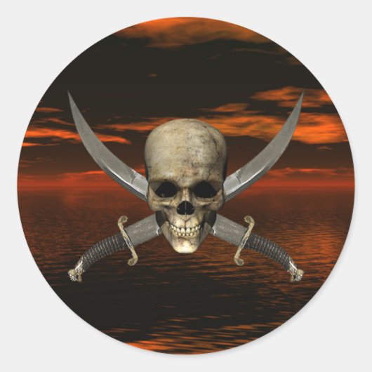 スカルと交差する剣(赤い空の背景1) ラウンドシール (正面)