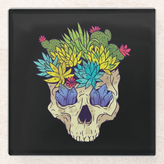 スカルと多肉結晶 ガラスコースター (正面)