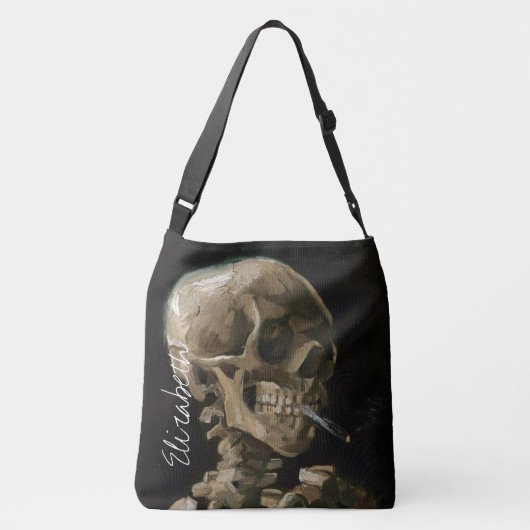 スカルと燃えるシガレットヴァンゴッホゴシックアートワーク クロスボディバッグ (裏面)