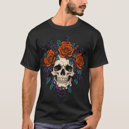 スカルと秋のバラのハロウィンTシャツ Tシャツ