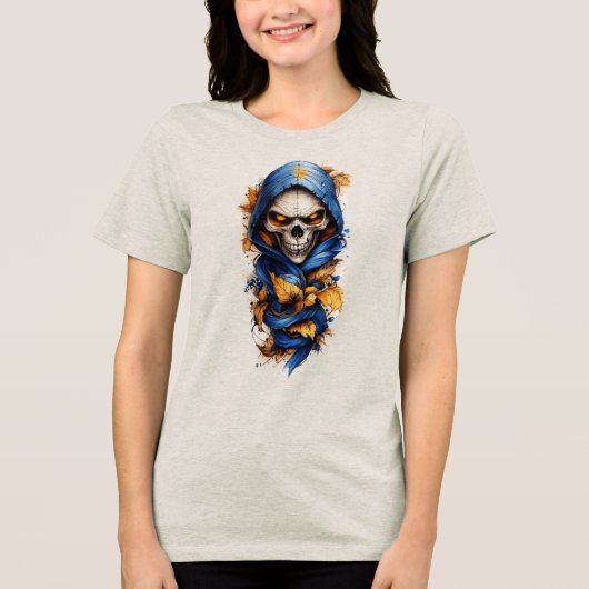 スカルと紅葉タトゥースタイル トライブレンドTシャツ (正面)