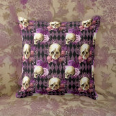 スカルと紫の花Harlequin背景 クッション