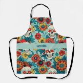 スカルと花の水色のカスタムパターン エプロン (正面)