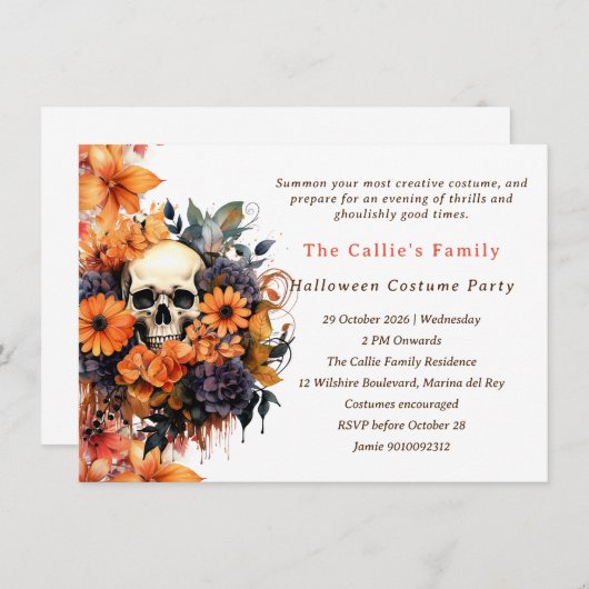 スカルと花模様ハロウィーン 招待状 (正面/裏面)