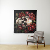 スカルと赤いバラを黒に タペストリー (インサイチュ(横))