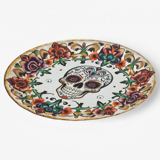 💀🎉:スカルと開花ハロードゥームディーアデロスムエルトス ペーパープレート (アングル)