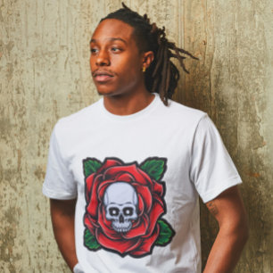 スカルと鮮やかレッドローズ Tシャツ