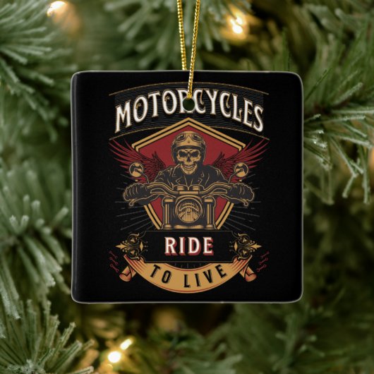 スカルに乗るバイク、ライブに乗る セラミックオーナメント (ツリー)