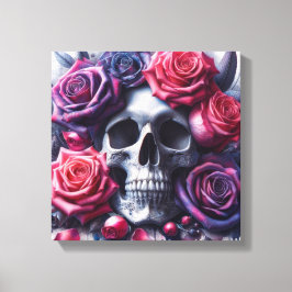 スカルに囲まれた鮮やかバラ キャンバスプリント