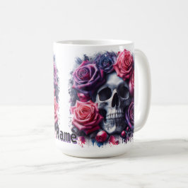 スカルに囲まれた鮮やかバラ コーヒーマグカップ