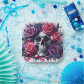 スカルに囲まれた鮮やかバラ ペーパープレート (パーティー)