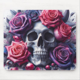スカルに囲まれた鮮やかバラ マウスパッド