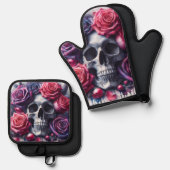 スカルに囲まれた鮮やかバラ 鍋つかみ&鍋敷きセット (正面/裏面)