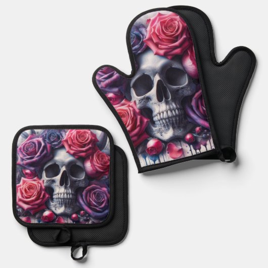 スカルに囲まれた鮮やかバラ 鍋つかみ&鍋敷きセット (正面/裏面)