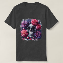 スカルに囲まれた鮮やかバラ Tシャツ