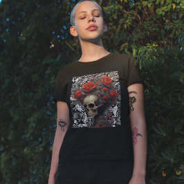 スカルに野生毛のバラを持つ離れヴィンテージ Tシャツ