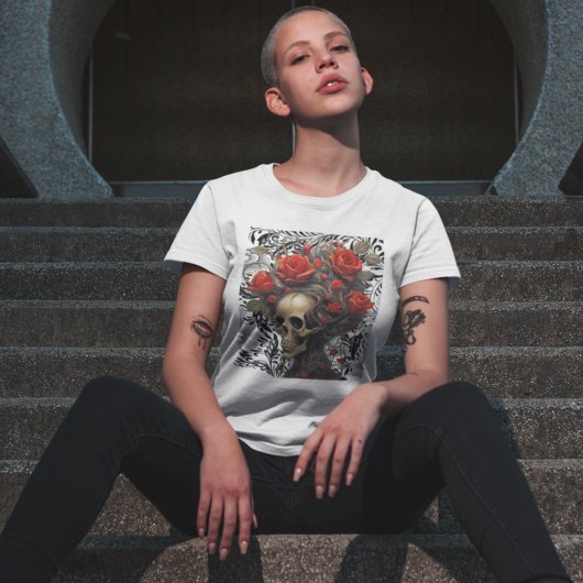 スカルに野生毛のバラを持つ離れヴィンテージ Tシャツ