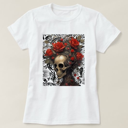 スカルに野生毛のバラを持つ離れヴィンテージ Tシャツ (デザイン正面)
