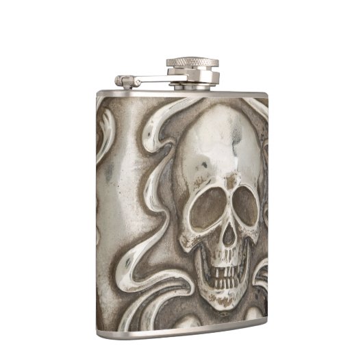 スカルのスキットルのヴィンテージの銀のRepousseのジュエリー フラスク (右)