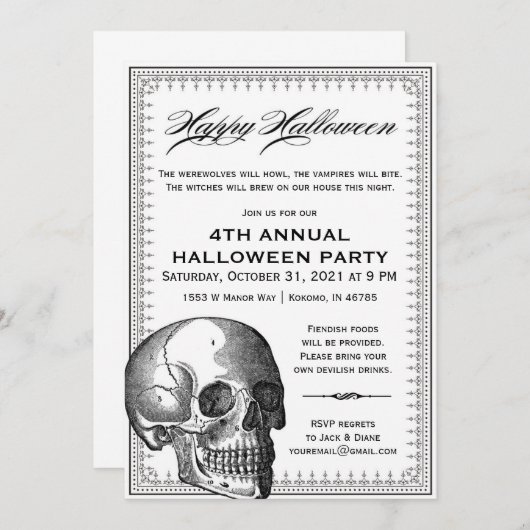 スカルのヴィンテージのハロウィンの白黒招待状 招待状 (正面/裏面)