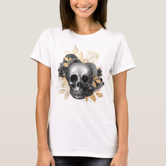 スカルのヴィンテージバラフェイク金ゴールドの葉 Tシャツ (正面)